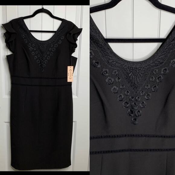 Nanette‎ Lepore black floral embroidered ruffle sleeves sheath dress size 8 - Picture 1 of 10